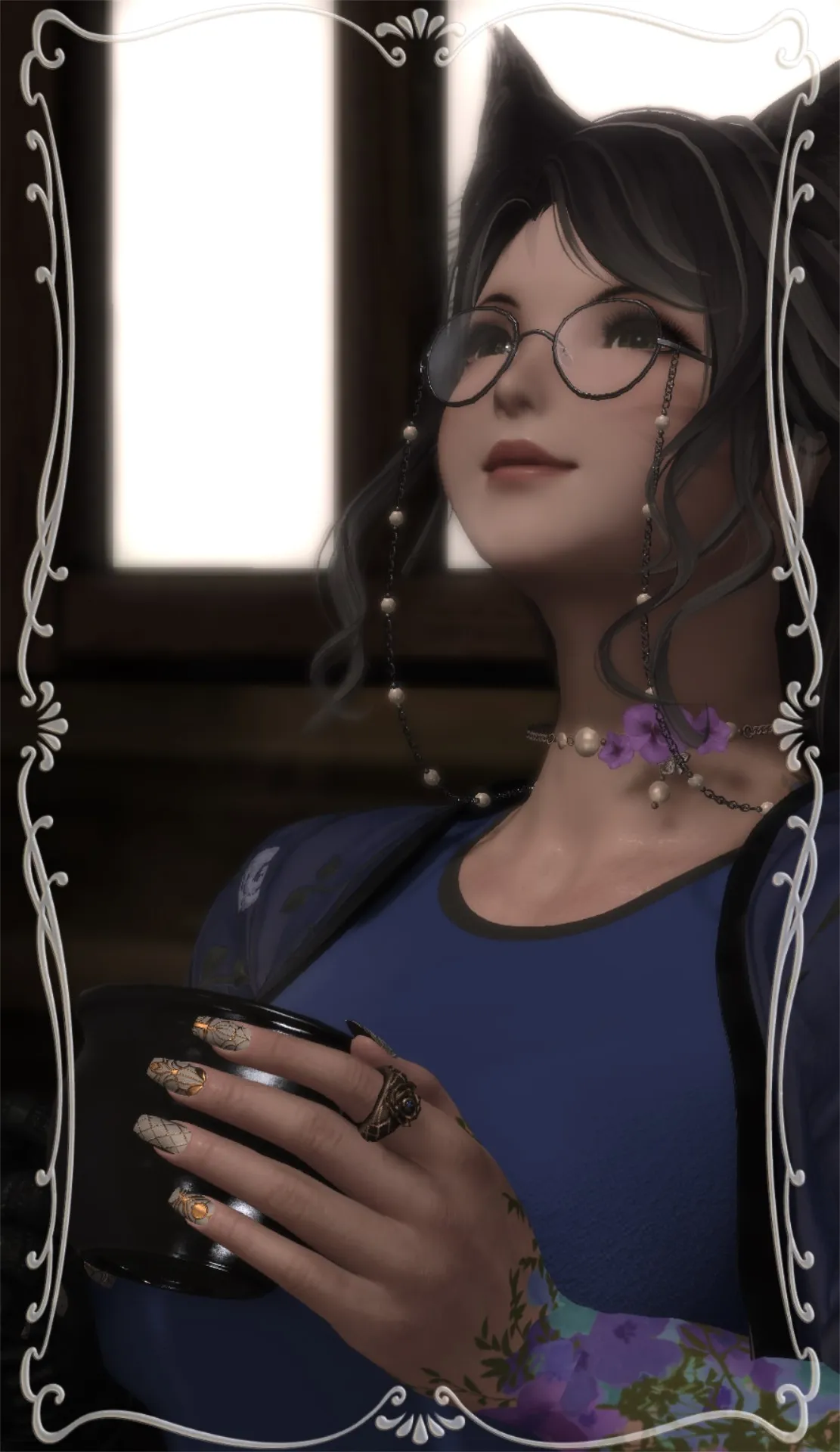 Lazne smiling, with big round glasses with a beaded chain and a thick collar on.